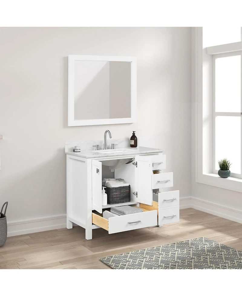 Vanirror 36" Matte White Bathroom Vanity Set with Marble Countertop & Ceramic Sink, Solid Wood Freestanding Vanity for Modern Bathrooms