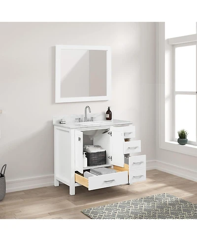 Vanirror 36" Matte White Bathroom Vanity Set with Marble Countertop & Ceramic Sink, Solid Wood Freestanding Vanity for Modern Bathrooms
