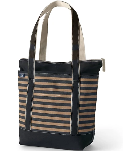 Lands' End Medium Print 5 Pocket Zip Top Long Handle Canvas Tote Bag