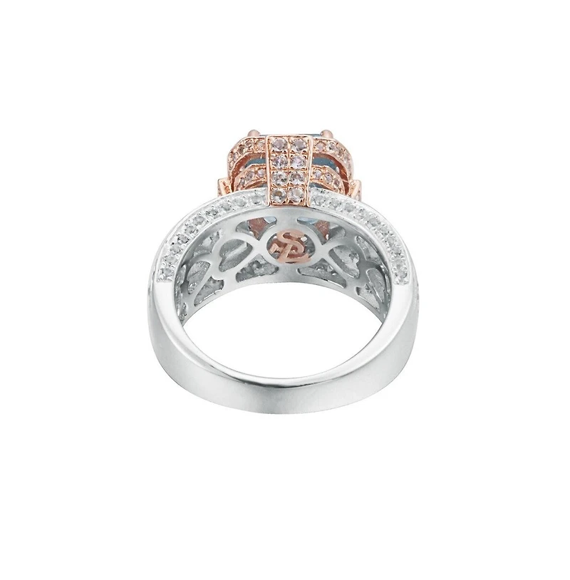 Suzy Levian New York Two-Tone Sterling Silver Emerald Cut Center Topaz Cocktail Milano Ring