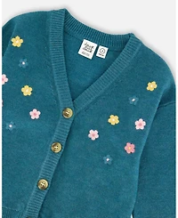 Deux par Girl Knitted Cardigan Dark Green with Flower Embroidery