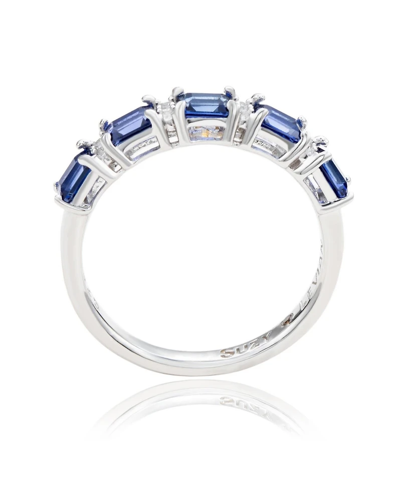 Suzy Levian New York Sterling Silver Sapphire & Created White 5 Stone Emerald Cut Thin Half Band Ring