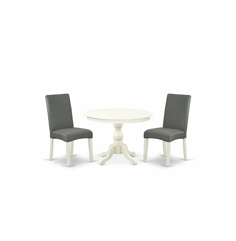 East West Furniture 3 Piece Dining Table Set - Linen White Small Kitchen Table and 2 Grey Linen Fabric Chairs for Dining Room with High Back