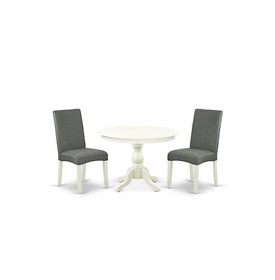 East West Furniture 3 Piece Dining Table Set - Linen White Small Kitchen Table and 2 Grey Linen Fabric Chairs for Dining Room with High Back