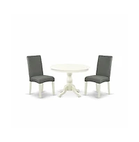 East West Furniture 3 Piece Dining Table Set - Linen White Small Kitchen Table and 2 Grey Linen Fabric Chairs for Dining Room with High Back