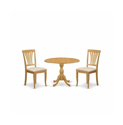 East West Furniture 3 Piece Modern Dining Table Set - Oak Wood Table and 2 Oak Linen Fabric Modern Dining Chairs with Slatted Back - Oak Finish