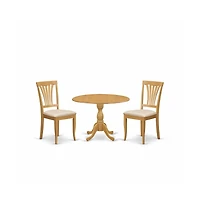 East West Furniture 3 Piece Modern Dining Table Set - Oak Wood Table and 2 Oak Linen Fabric Modern Dining Chairs with Slatted Back - Oak Finish