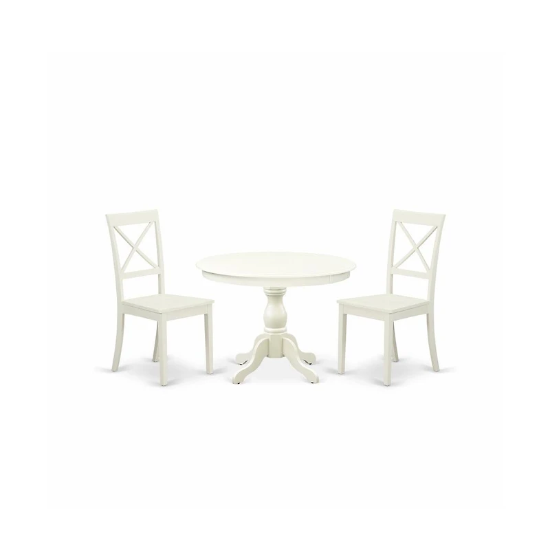 East West Furniture 3 Piece Dining Room Set - Linen White Small Kitchen Table and 2 Linen White Kitchen & Dining Room Chairs with X-Back