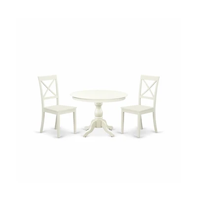 East West Furniture 3 Piece Dining Room Set - Linen White Small Kitchen Table and 2 Linen White Kitchen & Dining Room Chairs with X-Back