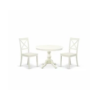 East West Furniture 3 Piece Dining Room Set - Linen White Small Kitchen Table and 2 Linen White Kitchen & Dining Room Chairs with X-Back
