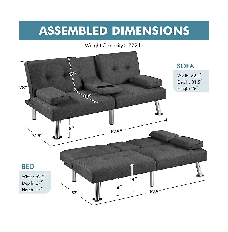 Yaheetech Fabric Upholstered Convertible Futon Sofa Bed for Small Space, Black