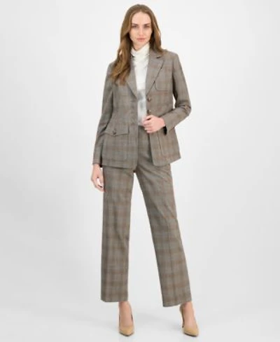 Anne Klein Womens Check Print Peak Lapel Three Pocket Jacket Long Sleeve Turtleneck Plaid Mid Rise Wide Leg Pants