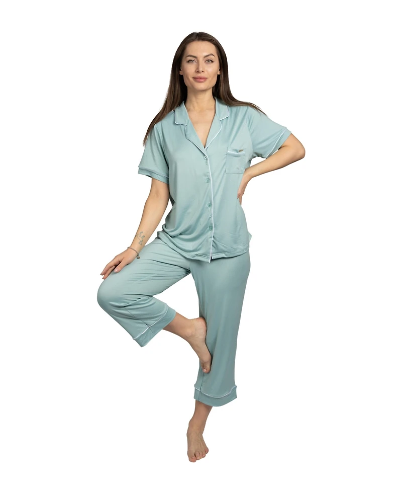 Bcbg Maxazria Women's Short Sleeve Notch Collar Top and Capri Pants Pajamas 2-Piece Set
