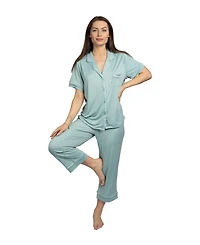 Bcbg Maxazria Women's Short Sleeve Notch Collar Top and Capri Pants Pajamas 2-Piece Set