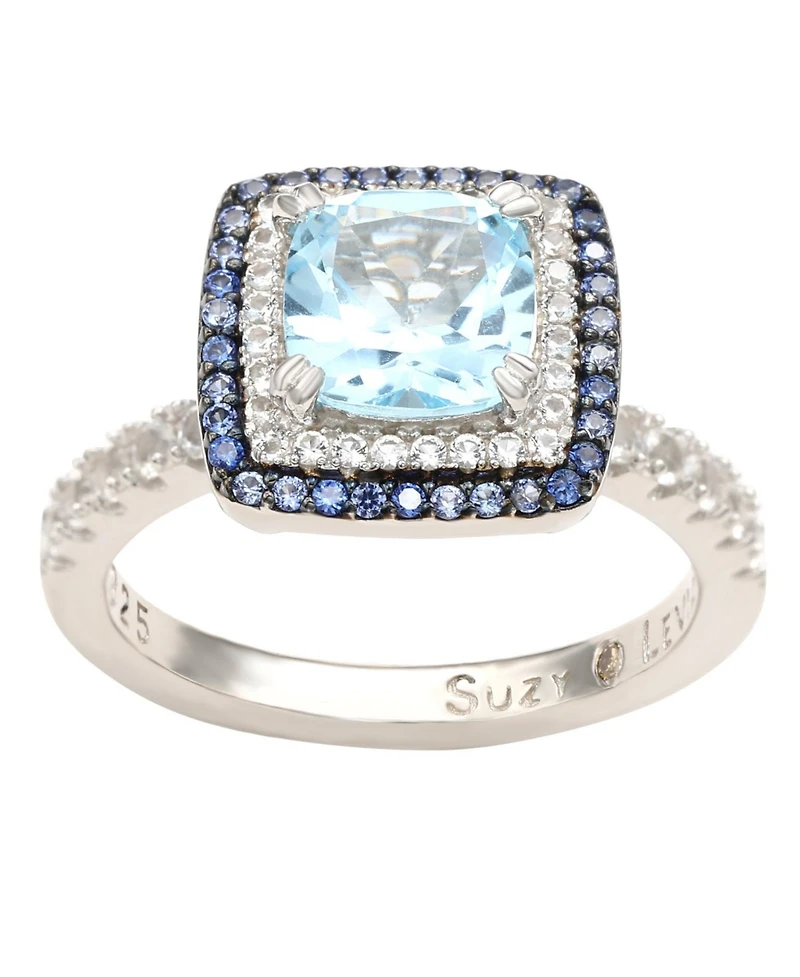 Suzy Levian Sterling Silver Cushion Cut Topaz Sapphire Double Halo Ring