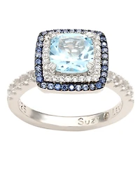 Suzy Levian Sterling Silver Cushion Cut Topaz Sapphire Double Halo Ring