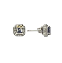 Suzy Levian Sterling Silver Sapphire & Created White Asscher Cut Halo Stud Earrings