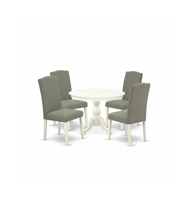 East West Furniture 5 Piece Dining Table Set - Linen White Modern Dining Table and 4 Dark Shitake Linen Fabric Modern Dining Chairs with High Back