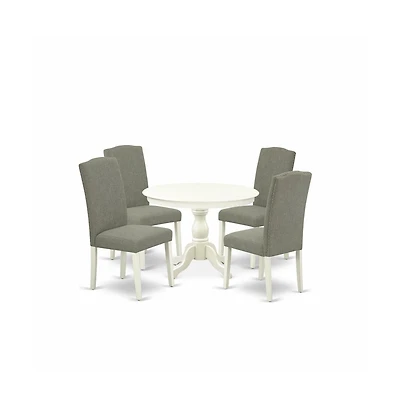 East West Furniture 5 Piece Dining Table Set - Linen White Modern Dining Table and 4 Dark Shitake Linen Fabric Modern Dining Chairs with High Back