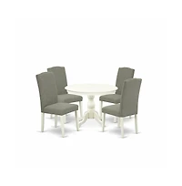 East West Furniture 5 Piece Dining Table Set - Linen White Modern Dining Table and 4 Dark Shitake Linen Fabric Modern Dining Chairs with High Back