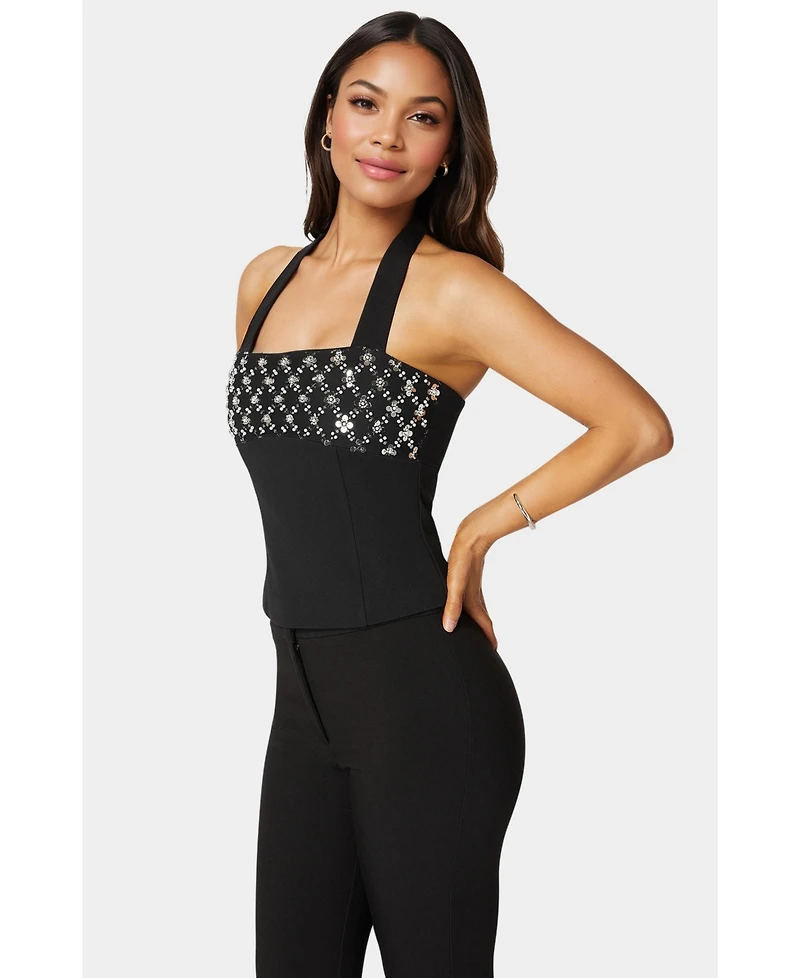 Bebe Women's Halter Neck Bead Sequin Top