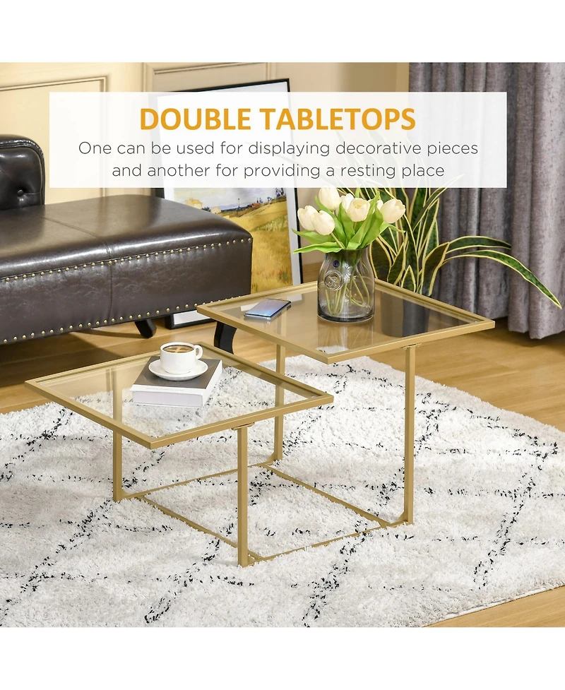 Homcom 38" 2 Glass End Table, Living Room Table w/ Metal Frame,
