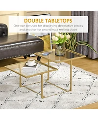 Homcom 38" 2 Glass End Table, Living Room Table w/ Metal Frame,