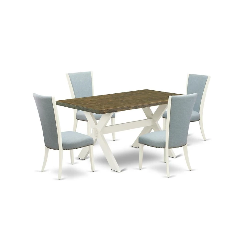 East West Furniture 5 Piece Dining Table Set - 4 Baby Blue Linen Fabric Upholstered Chair with Nailheads and Distressed Jacobean Wood Dining Table