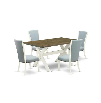 East West Furniture 5 Piece Dining Table Set - 4 Baby Blue Linen Fabric Upholstered Chair with Nailheads and Distressed Jacobean Wood Dining Table