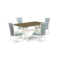 East West Furniture 5 Piece Dining Table Set - 4 Baby Blue Linen Fabric Upholstered Chair with Nailheads and Distressed Jacobean Wood Dining Table