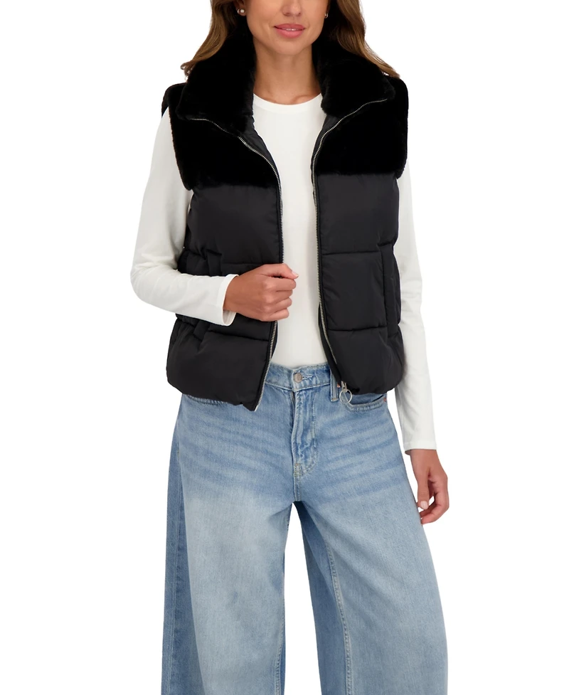 Sebby Collection Women's Short Mix Media Puffer Vest