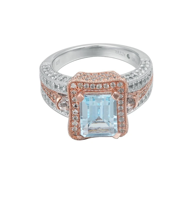 Suzy Levian Two-Tone Sterling Silver Emerald Cut Center Topaz Cocktail Milano Ring