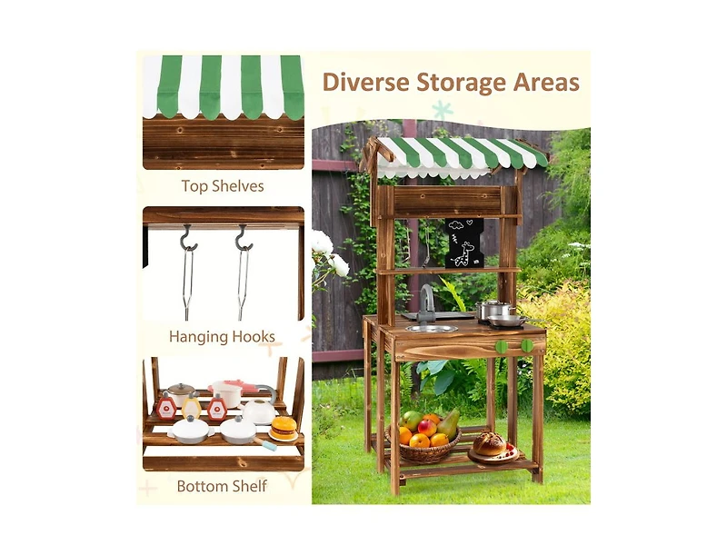 Akiudex Double-Sided Wooden Outdoor Play Kitchen with Grill and Accessories