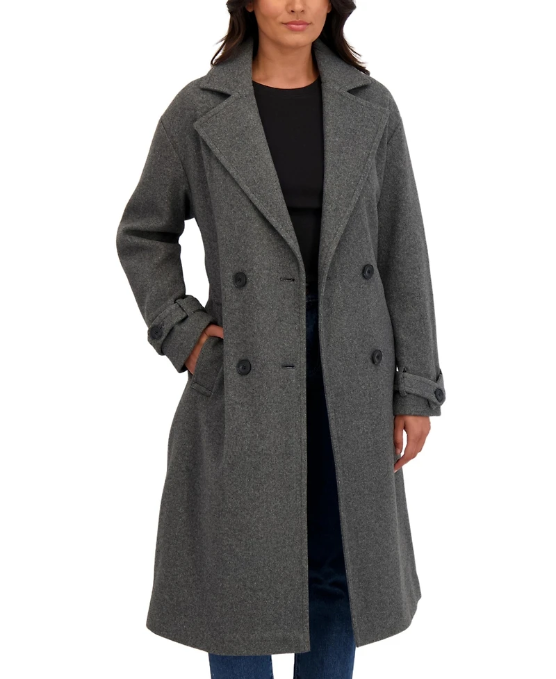 Sebby Collection Women's Long Belted Oversized Double Breasted Faux Wool Coat