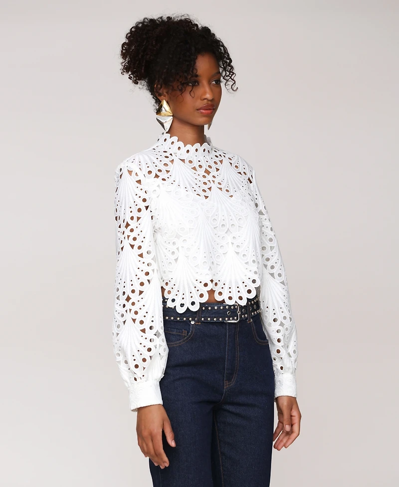 Avec Les Filles Women's High Neck Eyelet Top
