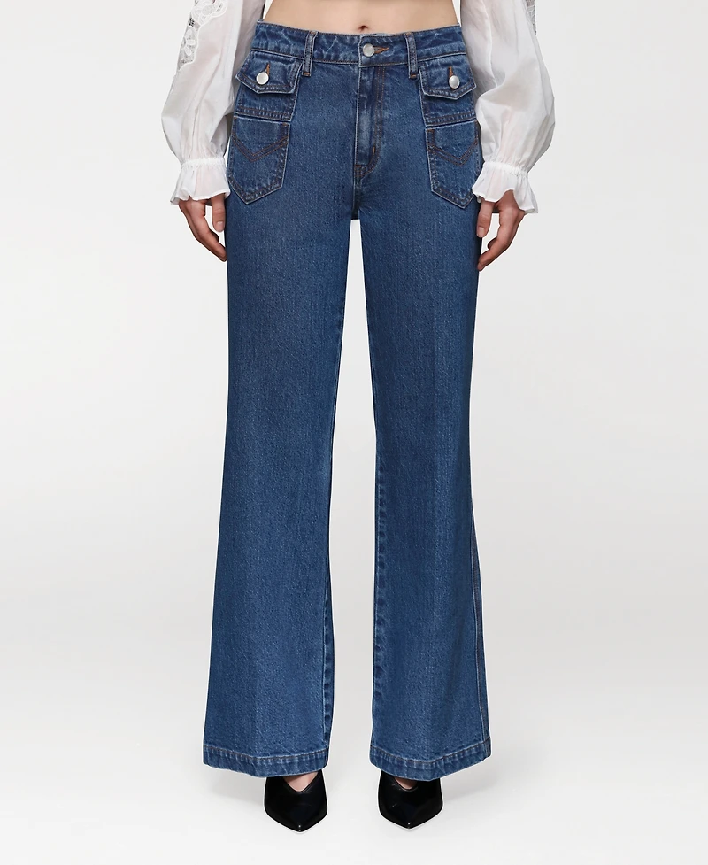 Avec Les Filles Women's Flare Leg Patch Pocket Denim Jeans