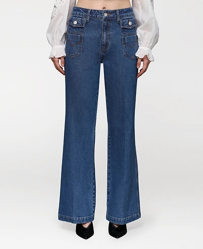 Avec Les Filles Women's Flare Leg Patch Pocket Denim Jeans