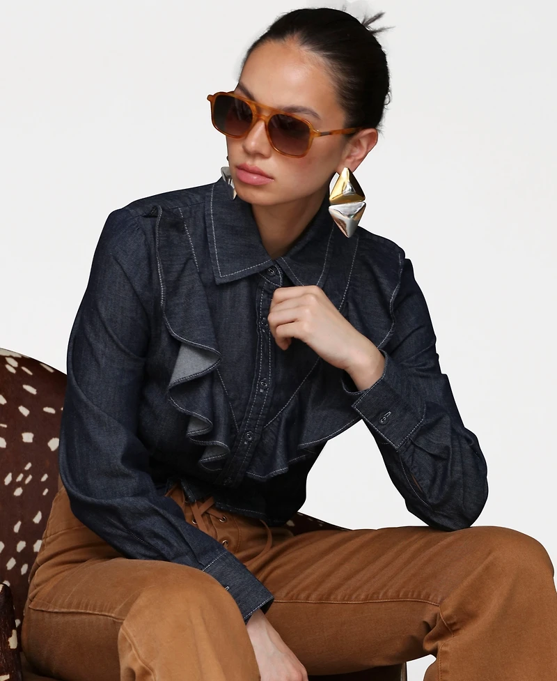 Avec Les Filles Women's Ruffle Yoke Blouse