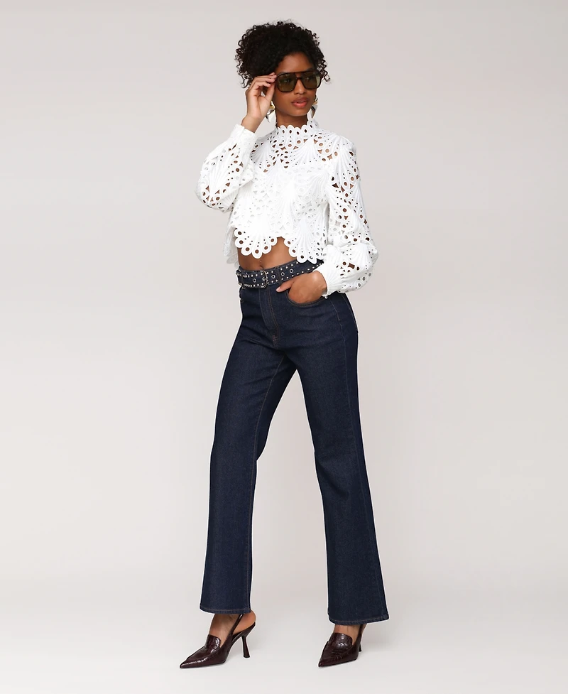 Avec Les Filles Women's Studded Belt High Rise Boot Cut Jeans