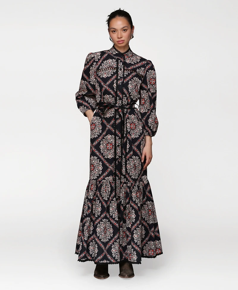 Avec Les Filles Women's Cotton Belted Puffed-Shoulder Dress