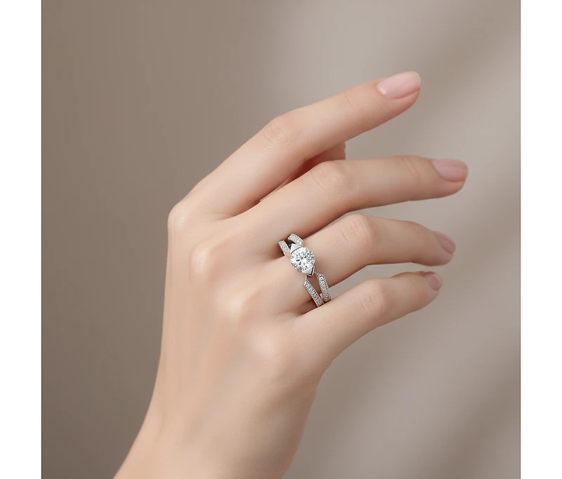 Stella Valentino Sterling Silver White Gold Plated with Lab-Grown Clear Moissanite Band Ring