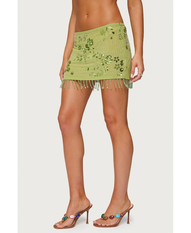 Edikted Women's Sheer Sequin Bead Fringed Mini Skirt