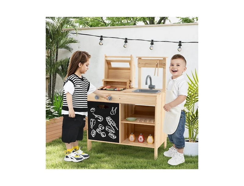 Akiudex Wooden Barbecue Grill Playset with Chalkboard, Sink, and Cabinet