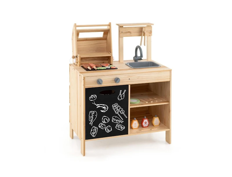 Akiudex Wooden Barbecue Grill Playset with Chalkboard, Sink, and Cabinet