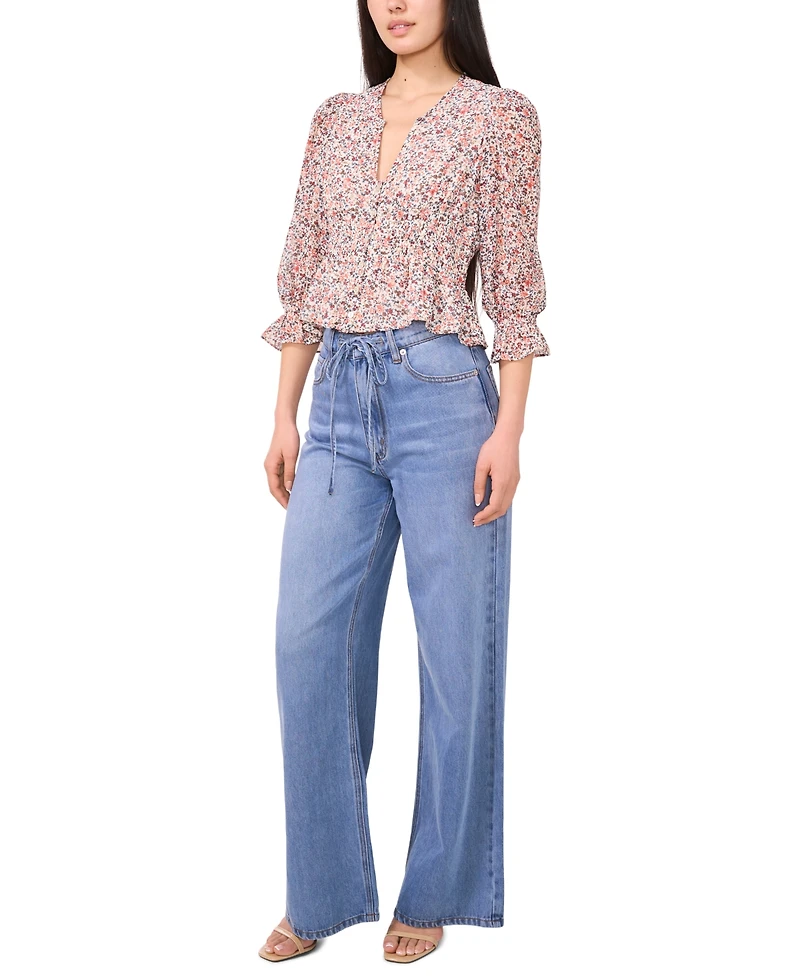 1.state Women's Smocked Waist 3/4-Sleeve Button Down Blouse