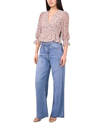 1.state Women's Smocked Waist 3/4-Sleeve Button Down Blouse