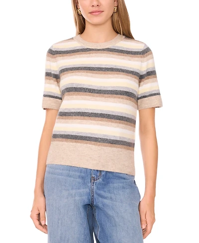 1.state Women's Multi Color Stripe Short Sleeve Crewneck Sweater