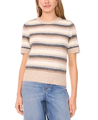 1.state Women's Multi Color Stripe Short Sleeve Crewneck Sweater
