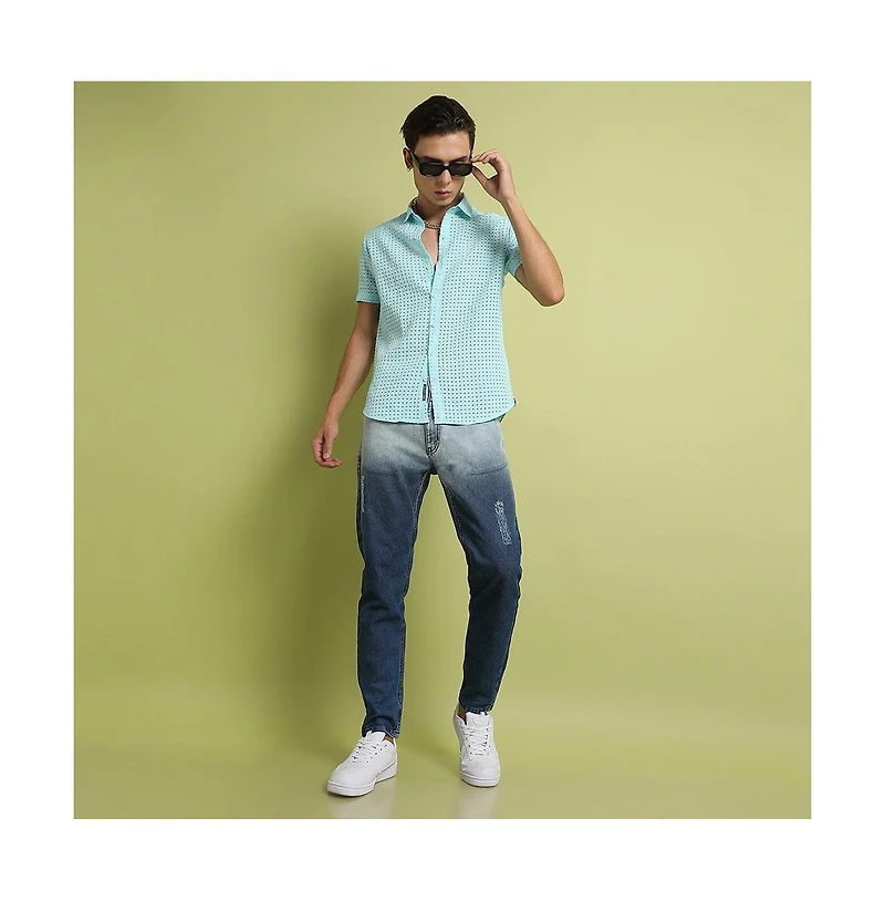 Campus Sutra Men's Light Blue See-Through Square Shirt