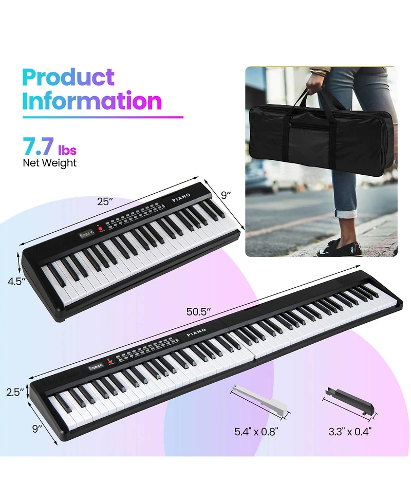 88 Key Folding Piano Keyboard with Wireless Midi Dual Speakers 1000 Timbres